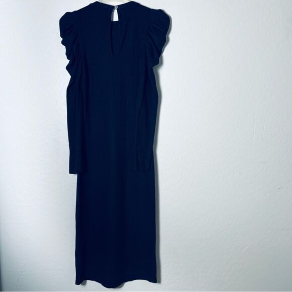 Walter Baker Dress Midi Long Sleeve Navy Blue Gathered Shoulder Puff Stretch M - Picture 11 of 16